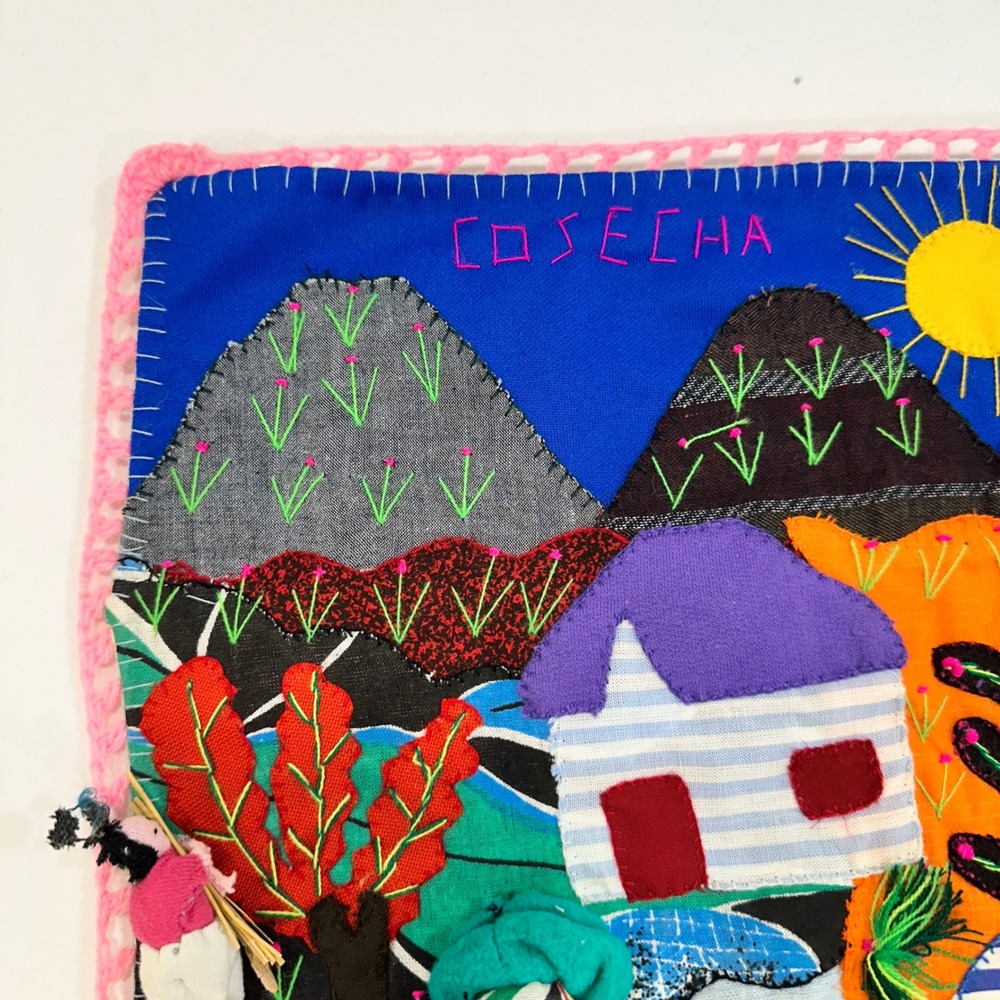 Vintage Peruvian Arpillera Cosecha Wall Hanging 20x20 Multicolor 3D Folk Art - Picture 3 of 11